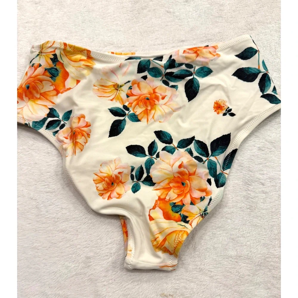 Cupshe Womens White Orange Floral High Waisted Bikini Bottoms Size Medium - Picture 4 of 6